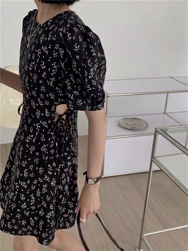 [Hello] sexy waist revealing floral Bubble Sleeve Chiffon Dress ys-6355# lwy