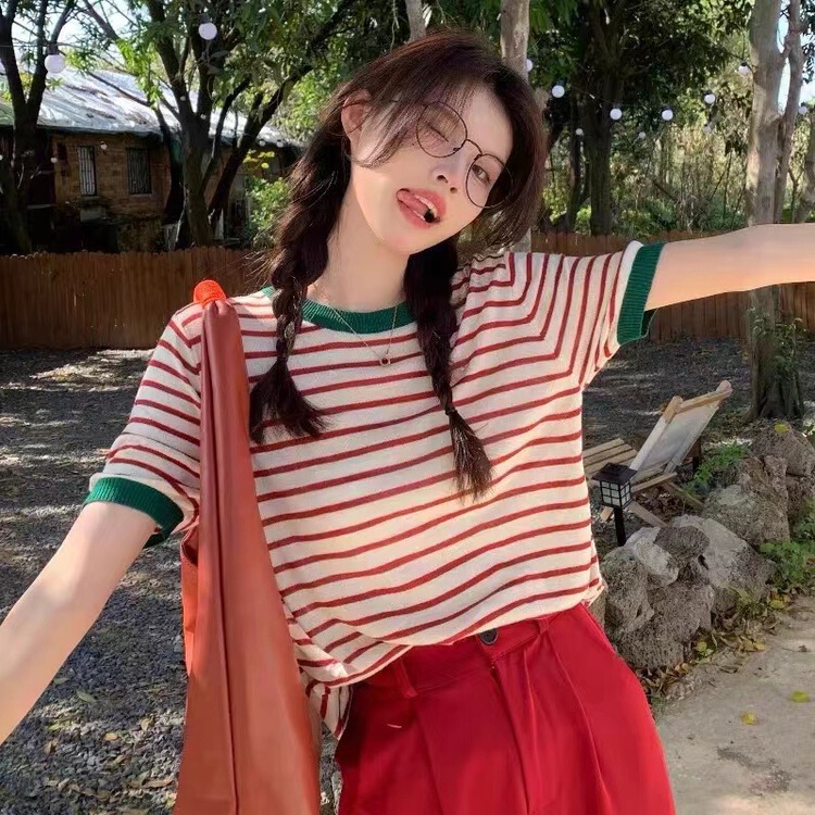 New in early summer! [OIT] casual stripe short sleeve T-shirt 8513# HBx