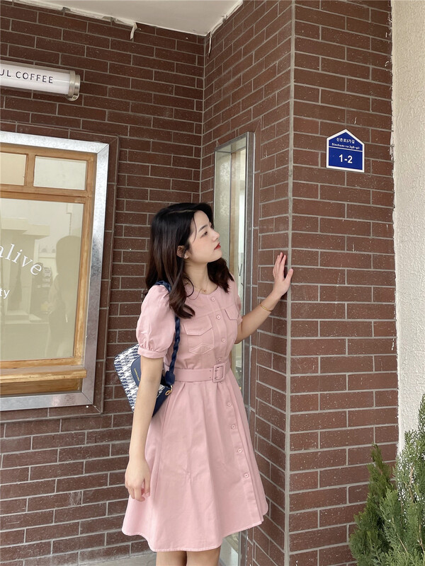 In early summer! [woo woo shop] Korean fashion single breasted waist dress (with belt) 32877\wpl