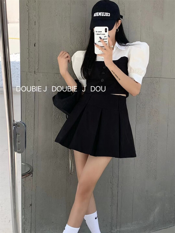 [double. J] Korean stitched short shirt + pleated skirt two piece set 1835# PCZ