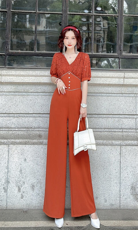New in early summer! [Milan] big women's V-Neck long Jumpsuit 60708# JJ