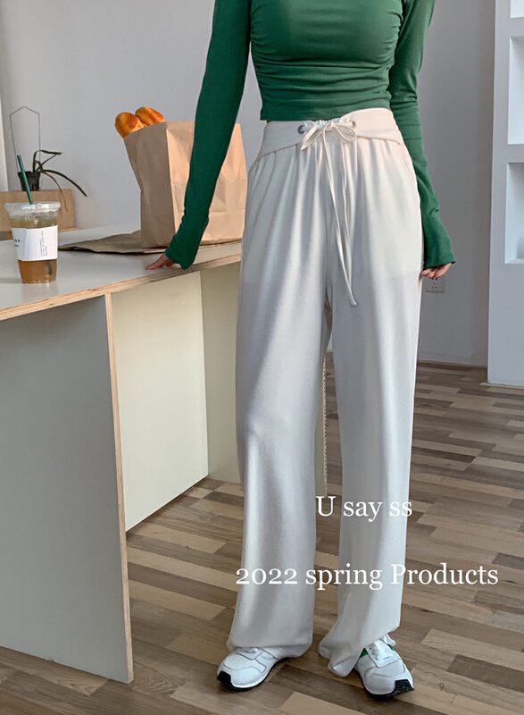 goods in stock! [u say] fashionable waist seal design, versatile elastic waist wide leg straight casual pants (with waist rope) 63136# LSL