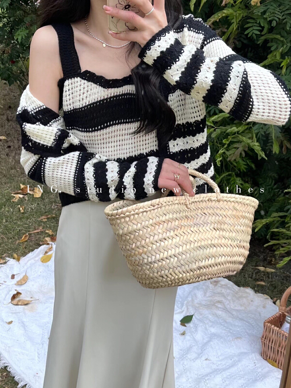 goods in stock! Update in advance! 7589# [ing] fashion versatile knitted cardigan + striped vest two piece suit ys1-7589# ZSY