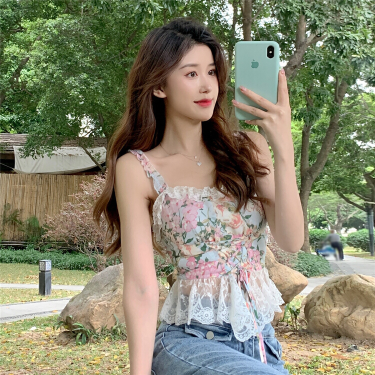 New in early summer! [Yingying new clothes] Chiffon Floral Lace Edge suspender blouse 7137# Cl