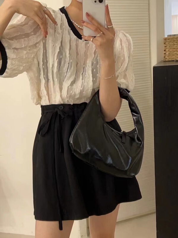 [o.lucky] round neck color contrast small fresh chiffon shirt 177# HBx
