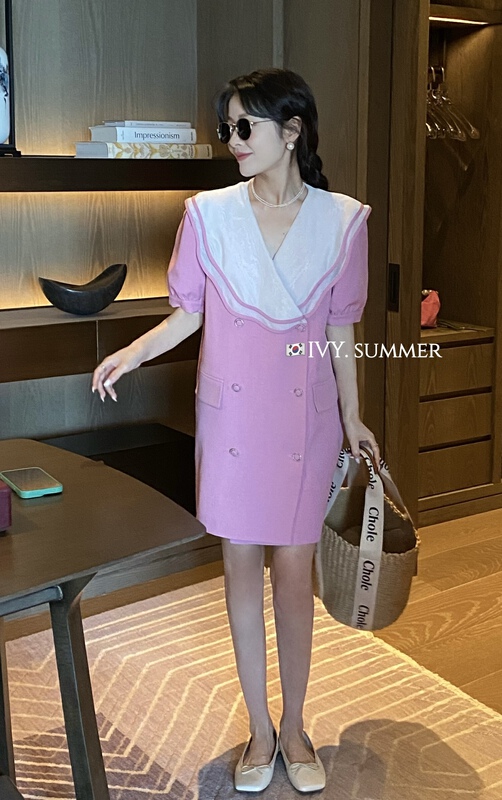 New in early summer! [Ivy] fashion sweet contrast color double neck dress 88175# XJ