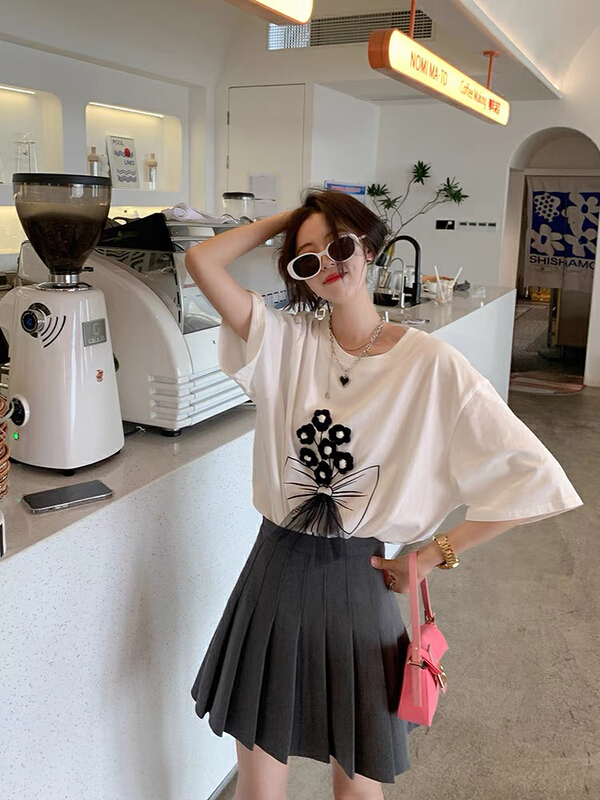 [Hello cherry chelizi] design sense three-dimensional flower mesh short sleeve T-shirt (with bow) 5568# WTT