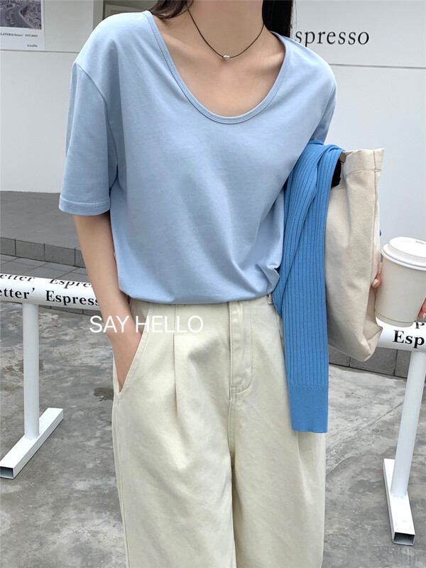 New year in early spring! [sayhello] simple U-neck comfortable short sleeve T-shirt 20865# L