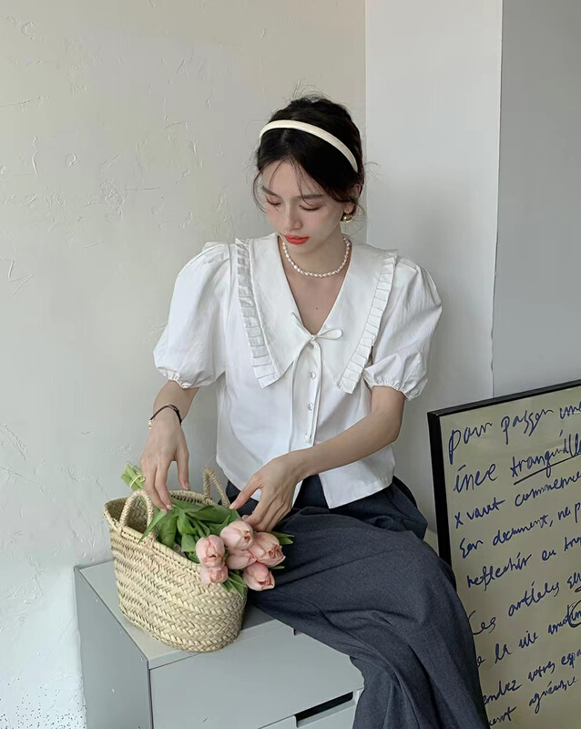 New in early summer! [timely rain] lady's fungus side single breasted lace up short blouse 25550# WPL