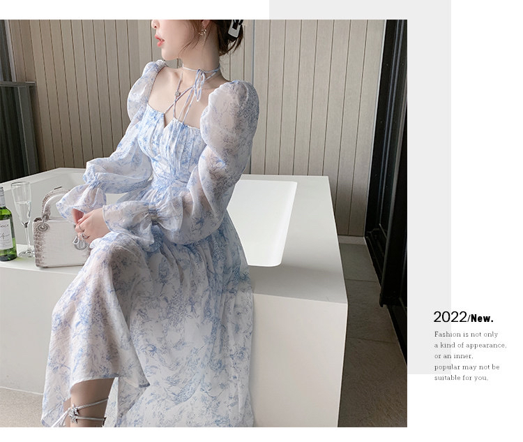 goods in stock! New year in early spring! [Kiki studio] temperament lady vintage blue and white print dress 5536# hjy