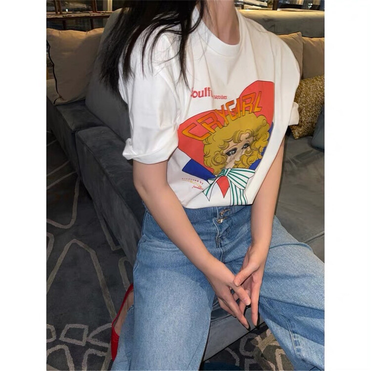 New in early summer! [Tan] cartoon girl cartoon printed round neck short sleeve T-shirt t3452# zxx