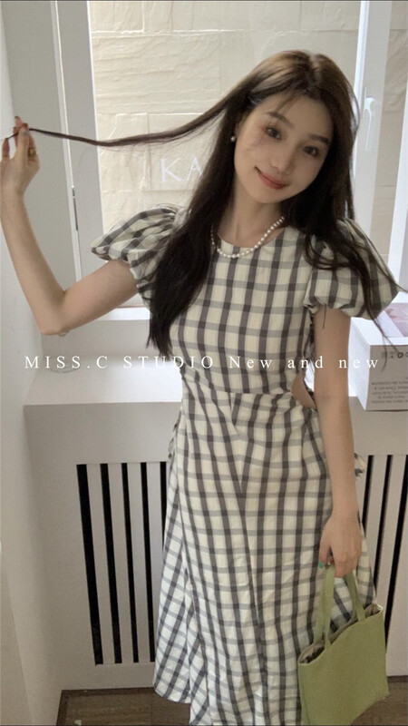 [miss. C studio] Korean round neck Plaid hollowed out dress 7319# zxx