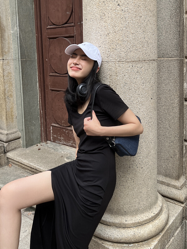 New in early summer! [7n] pleated design split short sleeve dress 8255# ozq