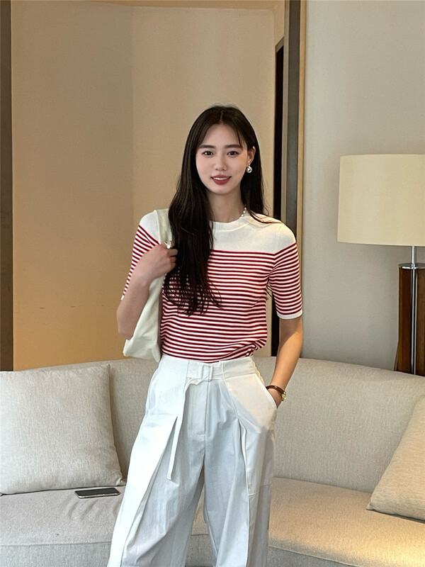 goods in stock! New in early summer! [C oni] Korean stripe contrast color thin Pullover knitted short sleeve T-shirt c225-bw01522# lwy