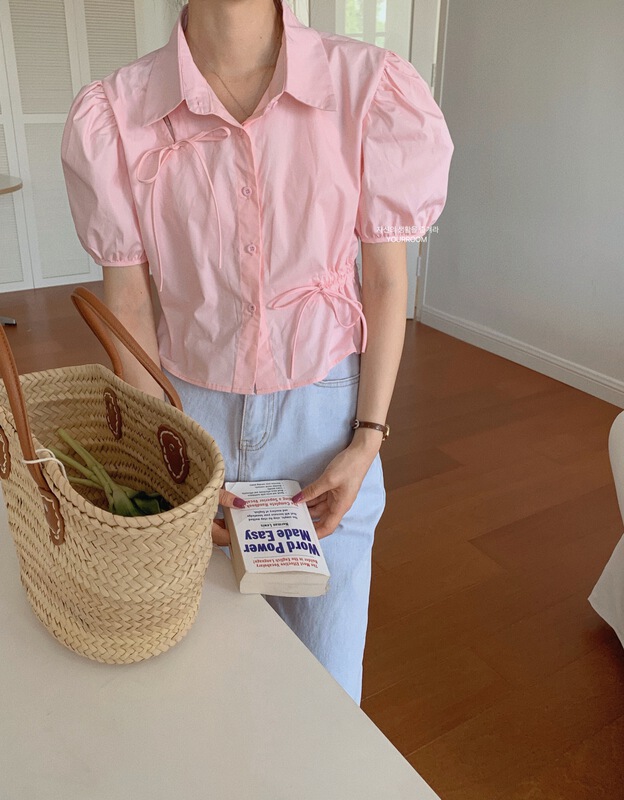 [your room] Korean drawstring waist closing bubble sleeve short shirt 083# cqw