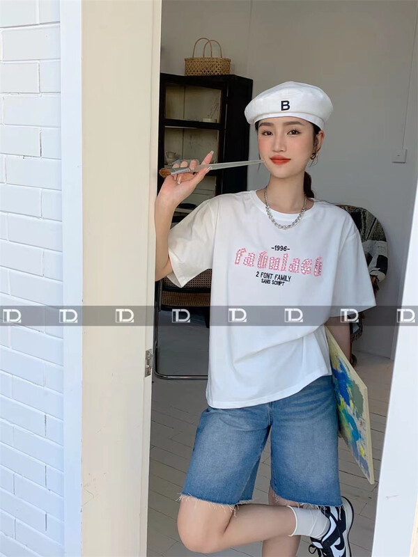 [tangdou original] Nail Drill letter Korean Pullover short sleeve T-shirt 9266# WTT