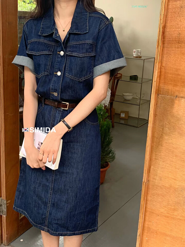 [Simida / doroe] Korean retro casual denim dress (with belt) 10036# zxl