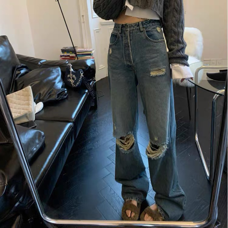 New in early summer! [x · h studio] hole breaking American High Waist Wide Leg loose straight tube floor mop jeans 2899# ozq
