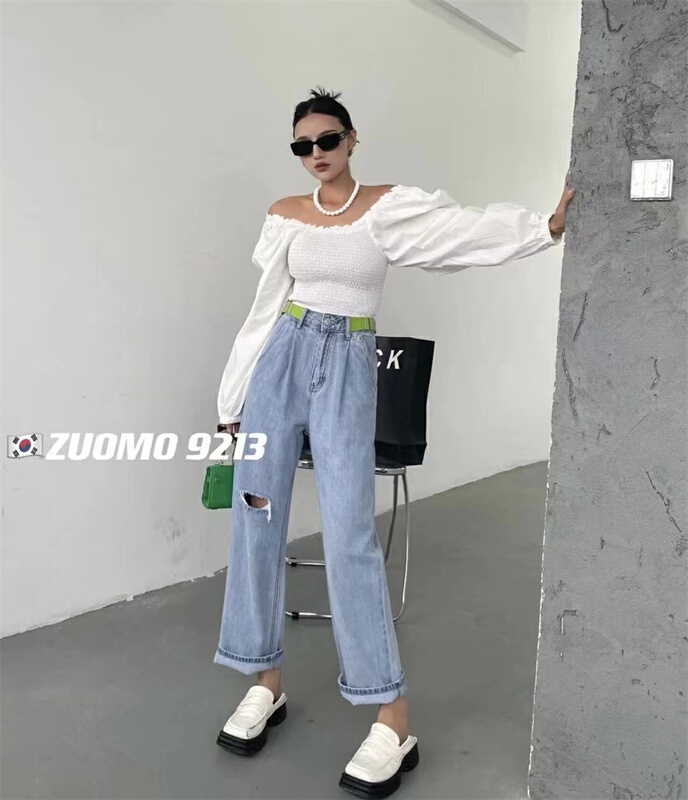 [zuomo Zuo Mo] pierced waist design jeans 9213# XJ