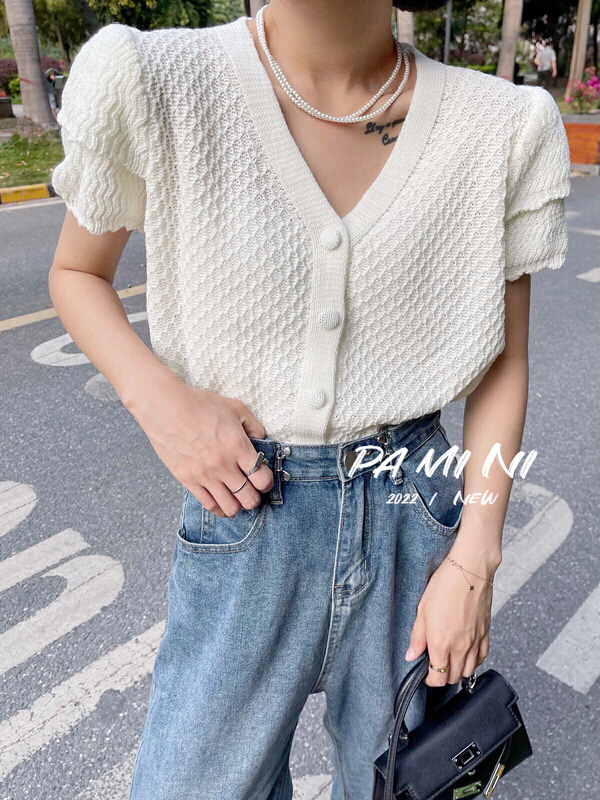 New in early summer! [pamini] bubble sleeve single breasted V-neck slim fit commuter style knitted cardigan 8865# Cl
