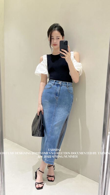 [tabmini] Korean version Hip Wrap slit mid length denim skirt x19394-a# WPL