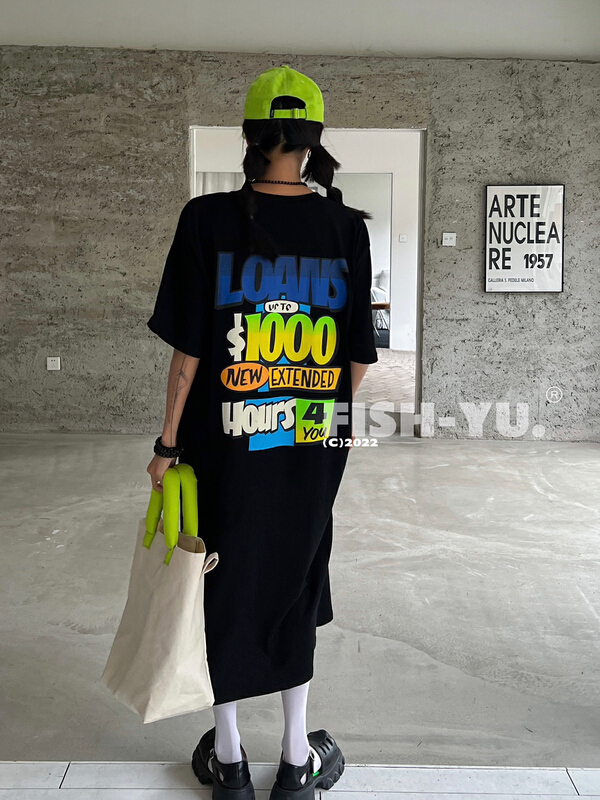 [fish Yu] long lazy short sleeve T-shirt with front and back lettering 22182# LSL