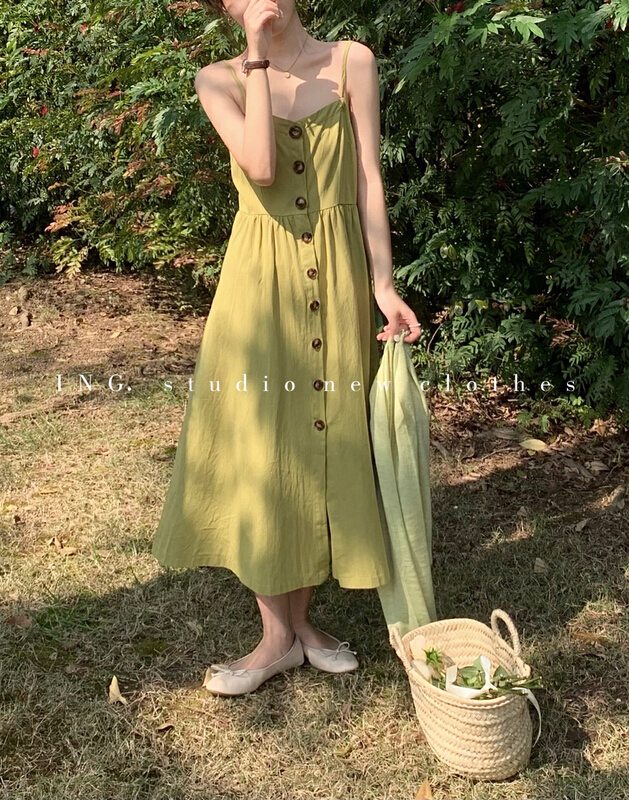 goods in stock! New year in early spring! [ing] Korean high waist thin single breasted solid color suspender dress 6869# ZSY