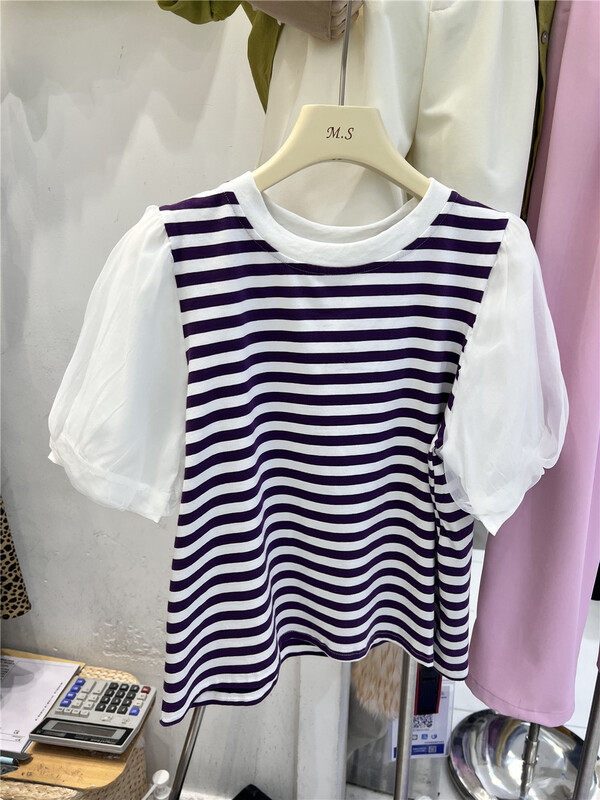[misu +] crew neck Pullover stripe short sleeve T-shirt 80522# ZZL