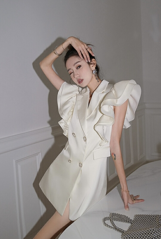 New year in early spring! [ala] niche design Lace Ruffle sleeve temperament Slim Fit Suit Dress l1235# JJ