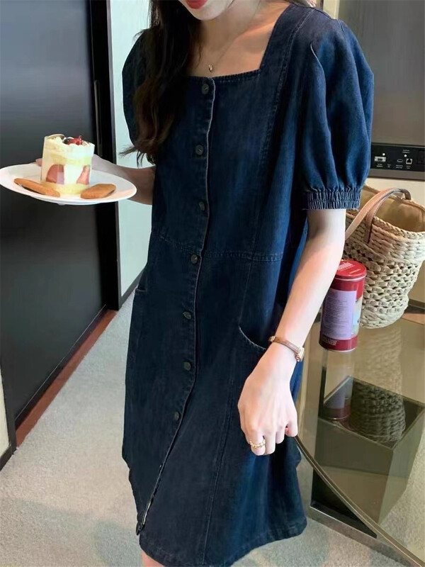 [thanku] Korean breasted square neck bubble sleeve dress 193# zjy