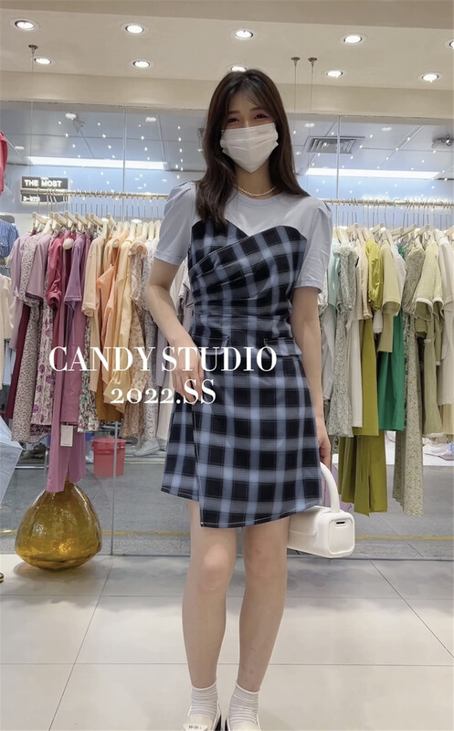 goods in stock! [candy] Korean mosaic lattice slim dress b9068# ZSY