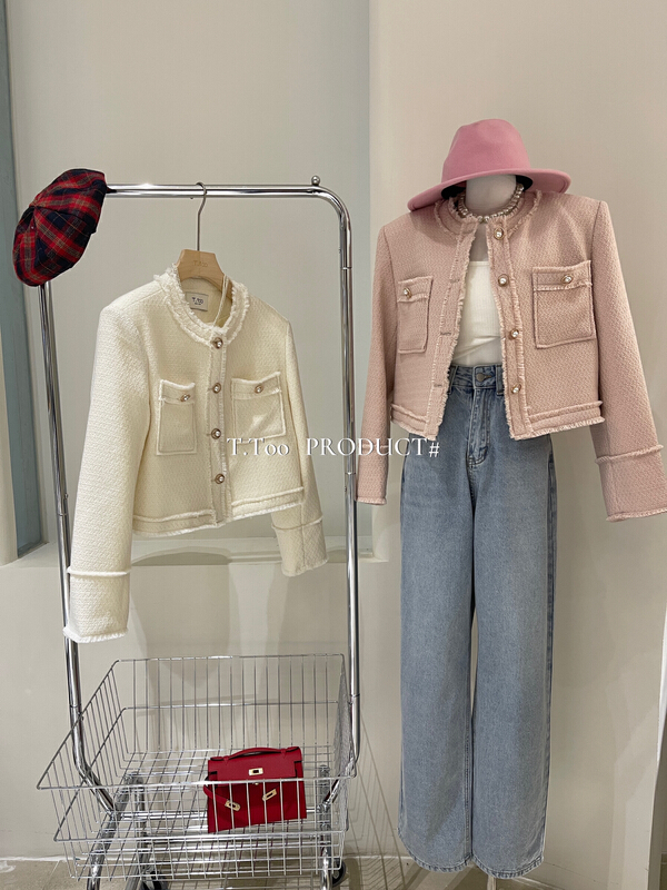 New year in early spring! [t-too] Korean fashion simple small fragrance round neck short coat (only selling short coat) 885890# LSL