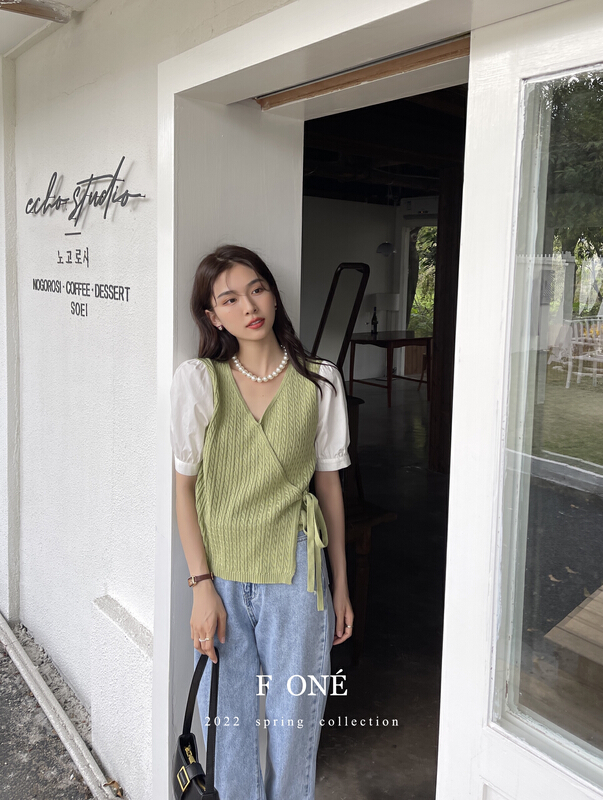 [f one] Korean versatile casual V-neck tie knit 66022# WPL