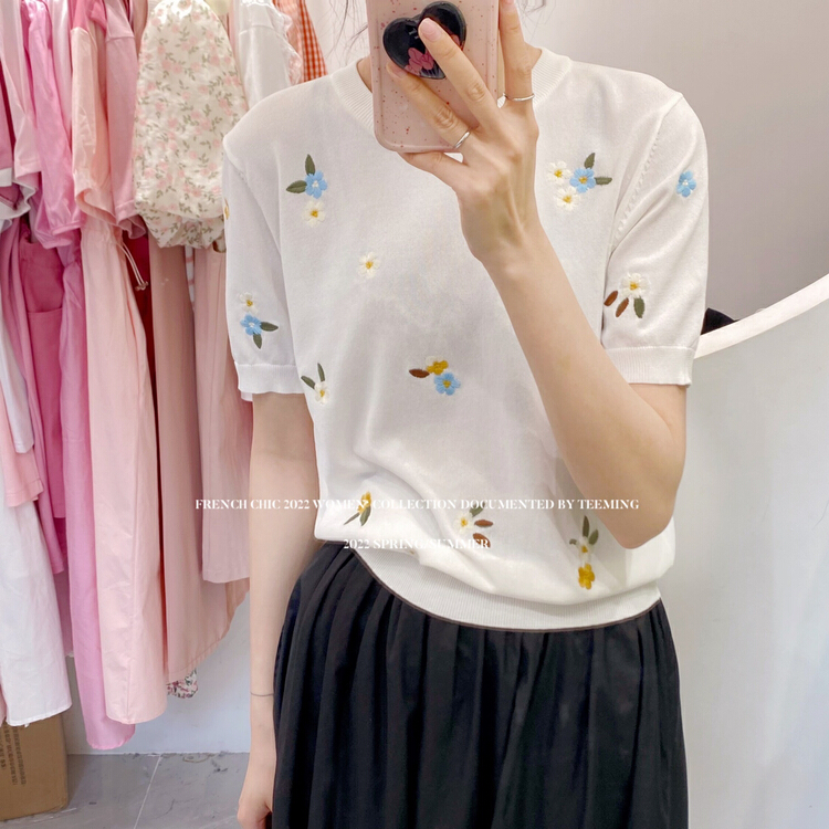 [teem ing] ins gentle wind embroidered cool short sleeve warm sweater 22t256# hjy