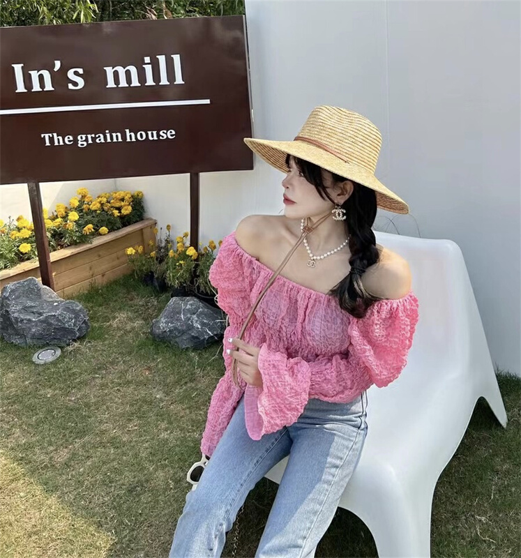 goods in stock! [ala] simple solid color one line shoulder collar shirt 2582# JJ