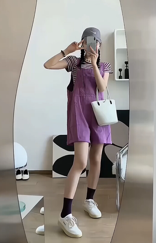 [JH] crew neck striped blouse + age reducing suspender pants two piece suit 41637# PCZ