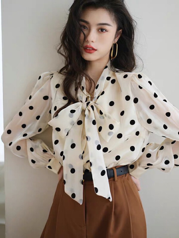 [L.L studio] sweet wave dot print tie bubble sleeve shirt 7229# PCZ