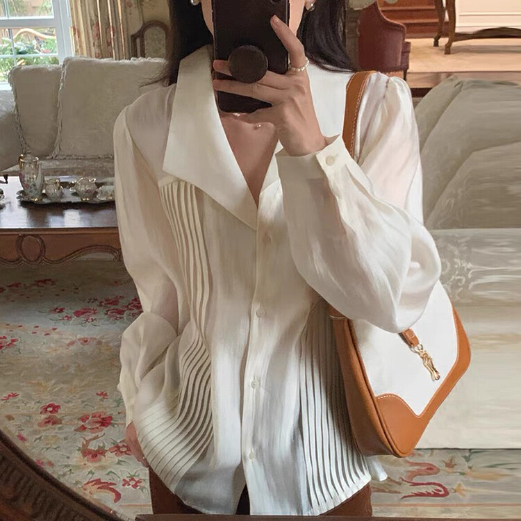 New year in early spring! [yes] Korean elegance Lapel pleated shirt 3015# ozq