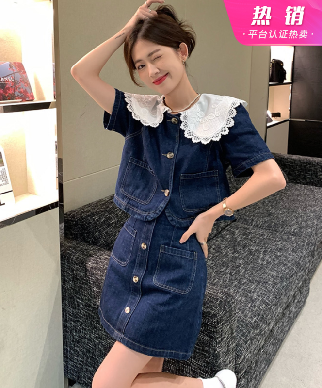 [y.jia Yijia] personalized color contrast large lapel age reducing shirt + simple and versatile denim half suit ys1-1035# PCZ