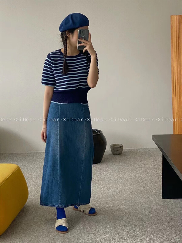 goods in stock! New in early summer! [far. Xi] crew neck stripe fashion slim sweater 2587# LSW