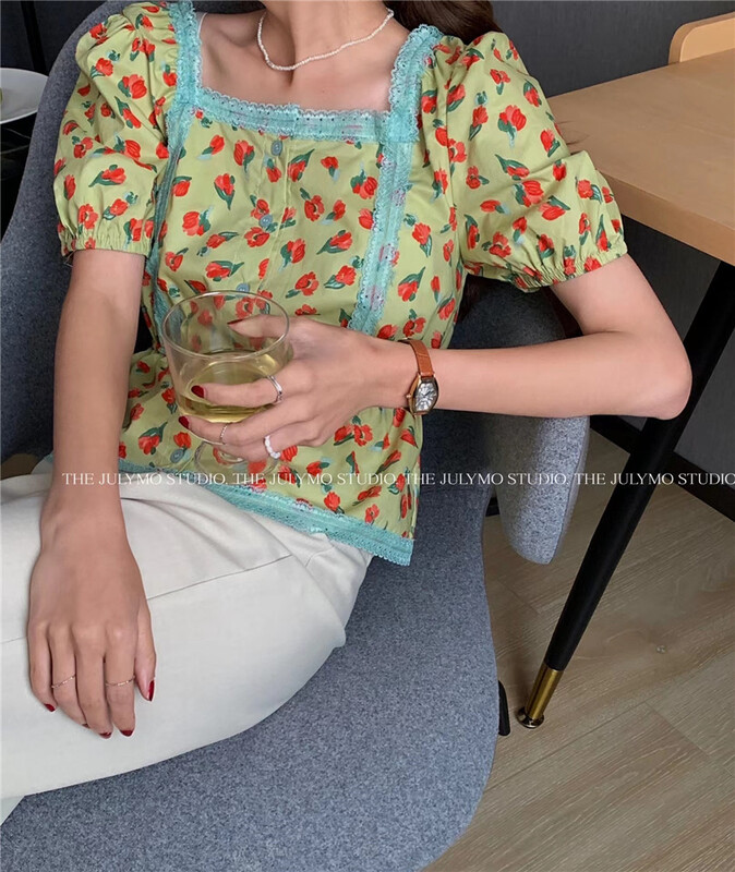 [at the end of July] square collar button floral stitching blouse 5555# HBx
