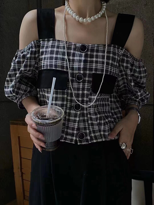 [MI] temperament Korean suspender with missing shoulder grid small shirt 9595# PCZ