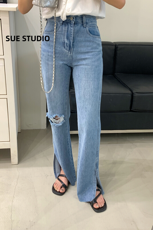 [Sue studio] high waist slit straight hole jeans 8303# ZSY