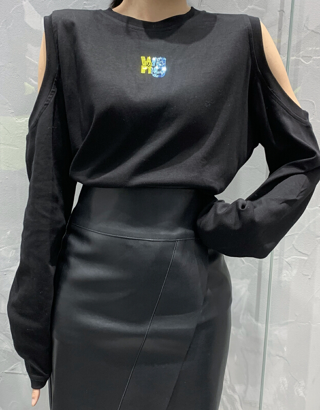 [make Meike] sweet cool round neck double off shoulder chest small letter color diamond bottomed shirt 6273# XJ