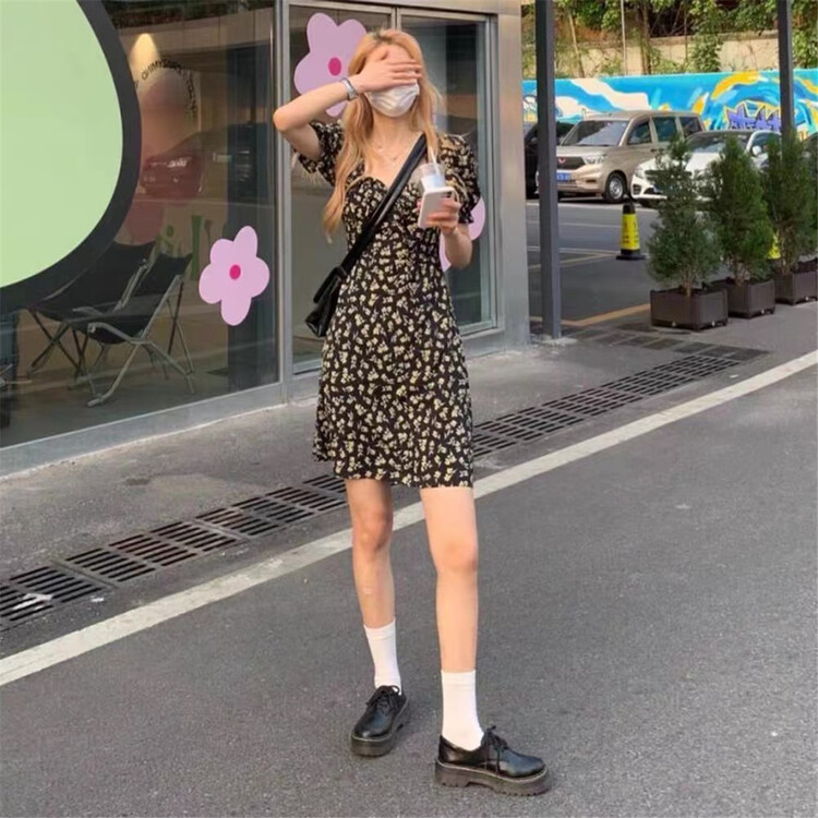 New in early summer! [clothing] Vintage waist closing printed chiffon dress 835# PCZ