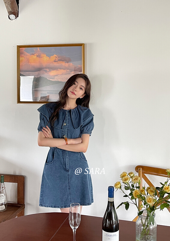 goods in stock! New in early summer! [Sara] Korean style large lapel button denim dress (with belt) 90005# lwy