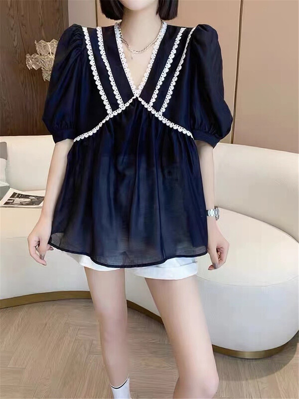 [UUS] color blocking and crimping V-neck shirt 222232# zyh