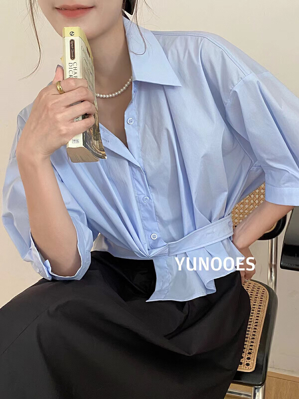 New in early summer! [yunooes] design sense: irregular waist with belt shirt 306-1# LSL