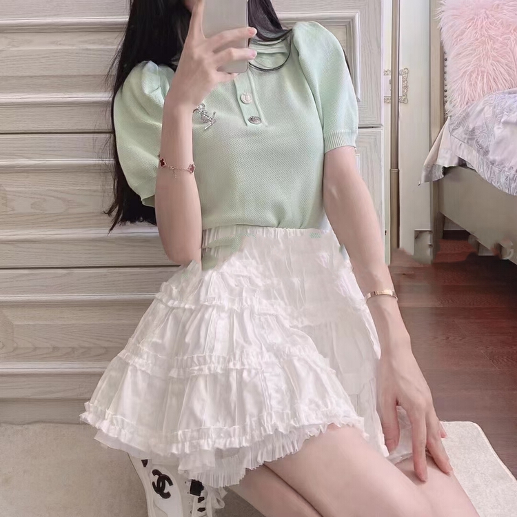 [pan] Korean fashion polo collar bubble sleeve short sleeve sweater 00521# PCZ