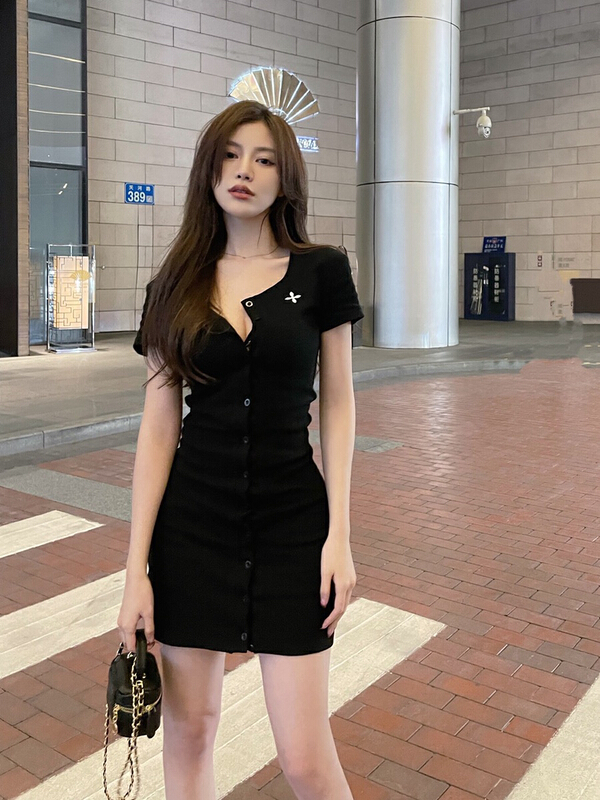[X.C] little women's elastic single breasted printed slim dress 556# WPL